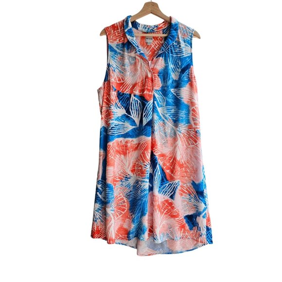 Nic+Zoe Watercolor Blooms Dress, Sleeveless Tropical Print Size Large Blue/Coral - Picture 1 of 10